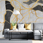 Tapet personalizat fine art cu elemente abstracte dungi aurii pe fundal negru si alb intersections