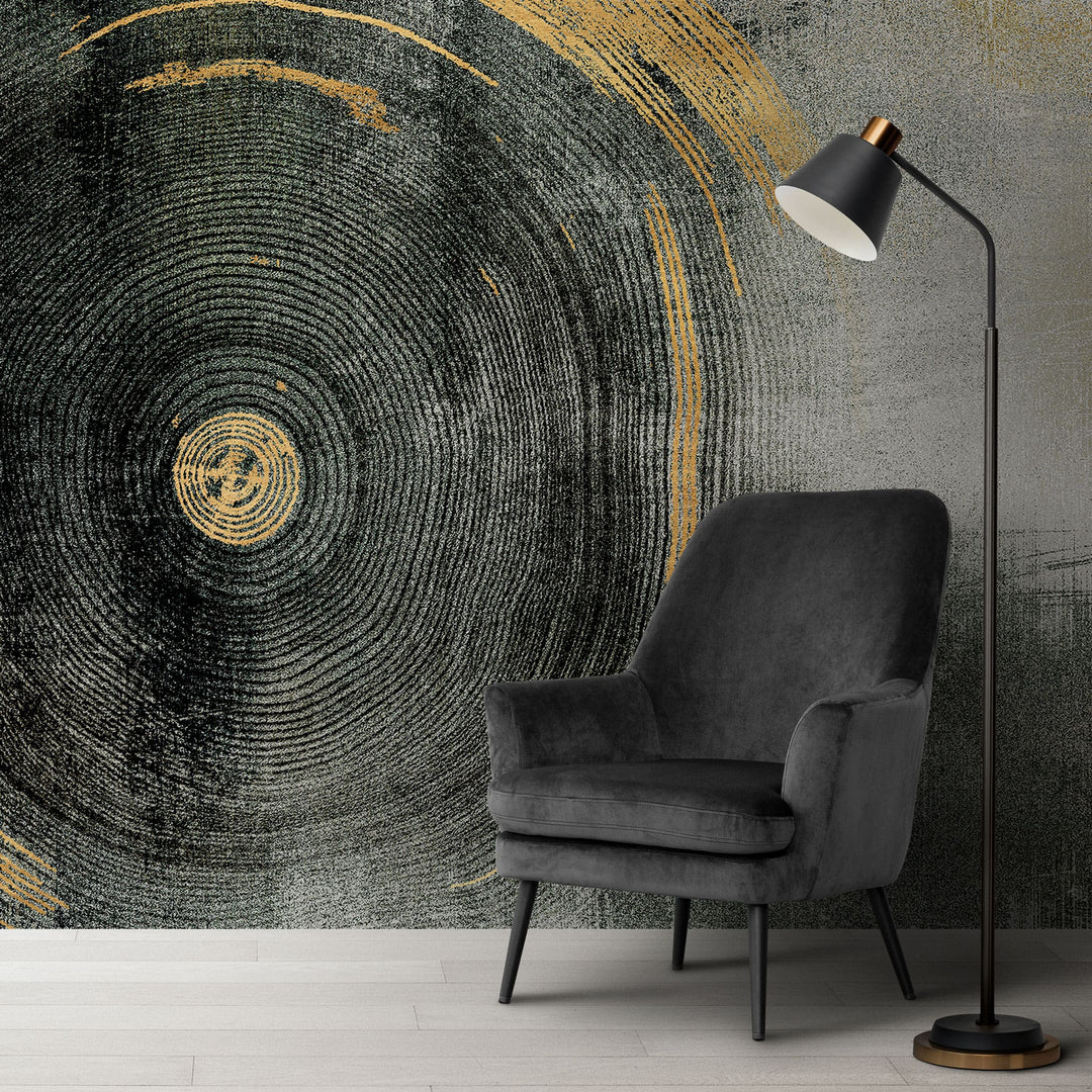 Tapet personalizat fine art cu dungi circulare in nuante de negru cu detalii aurii black sand circle