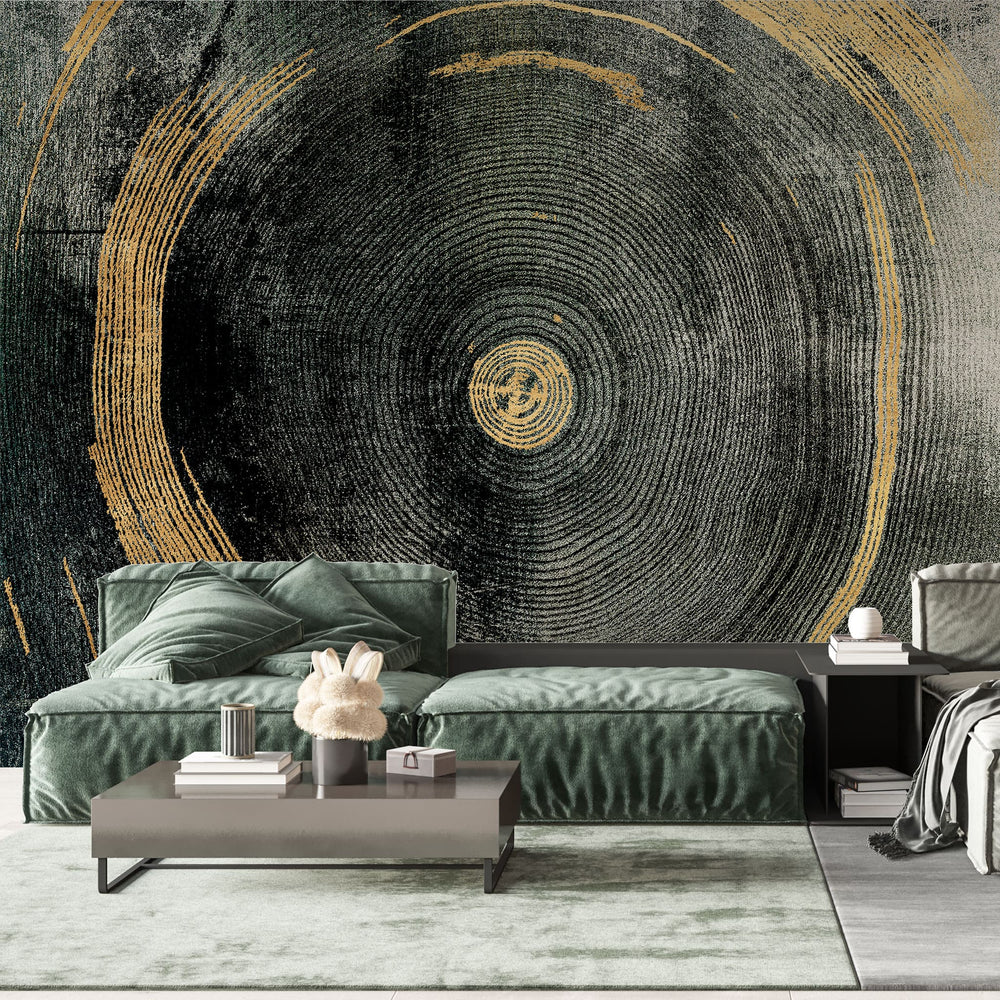 Tapet personalizat fine art cu dungi circulare in nuante de negru cu detalii aurii black sand circle