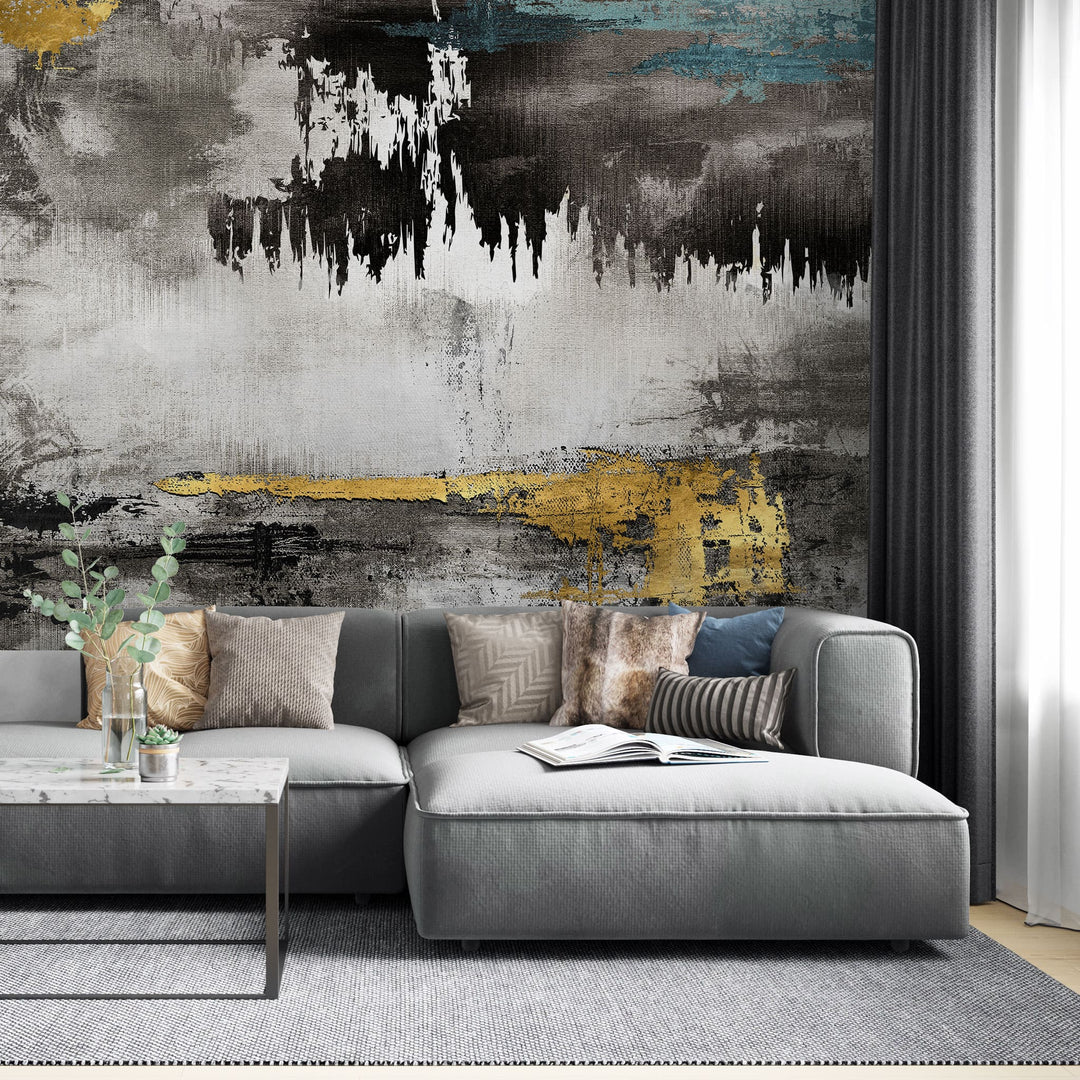 Tapet personalizat fine art cu textura de canvas pictat in nuante de negru si albastru cu detalii aurii painted canvas