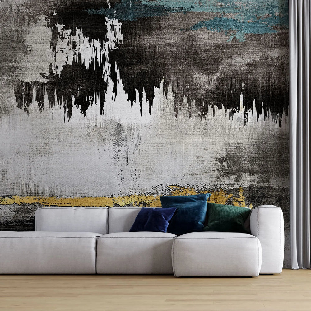 Tapet personalizat fine art cu textura de canvas pictat in nuante de negru si albastru cu detalii aurii painted canvas