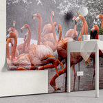Tapet personalizat fotografie cu pasari flamingo intr un cadru de natura inzapezita snowy flamingo