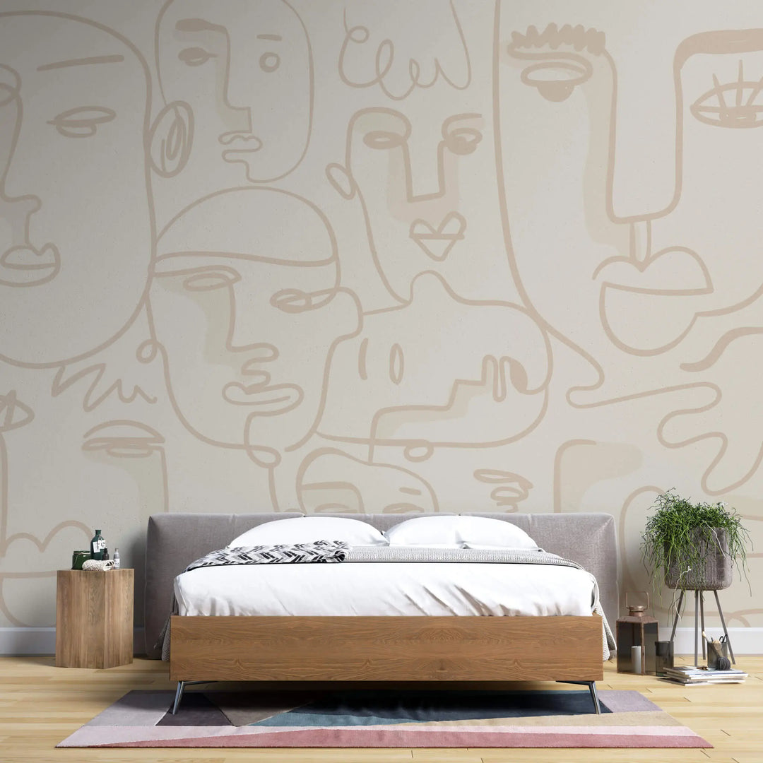 Tapet personalizat line art cu fete in nuante de bej face line art