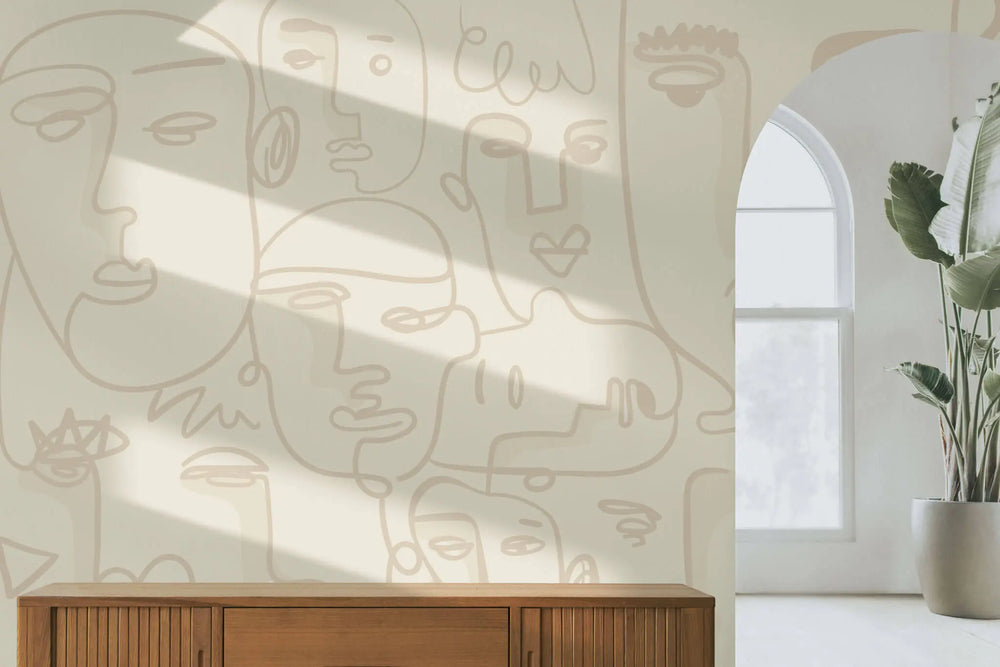 Tapet personalizat line art cu fete in nuante de bej face line art