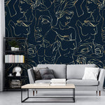 Tapet personalizat line art cu statui grecesti aurii pe fundal bleumarin golden greek sculpture