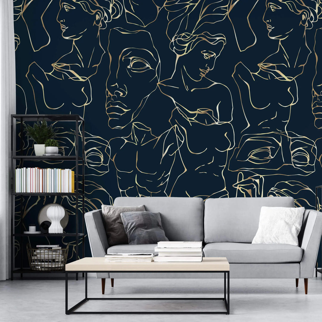 Tapet personalizat line art cu statui grecesti aurii pe fundal bleumarin golden greek sculpture