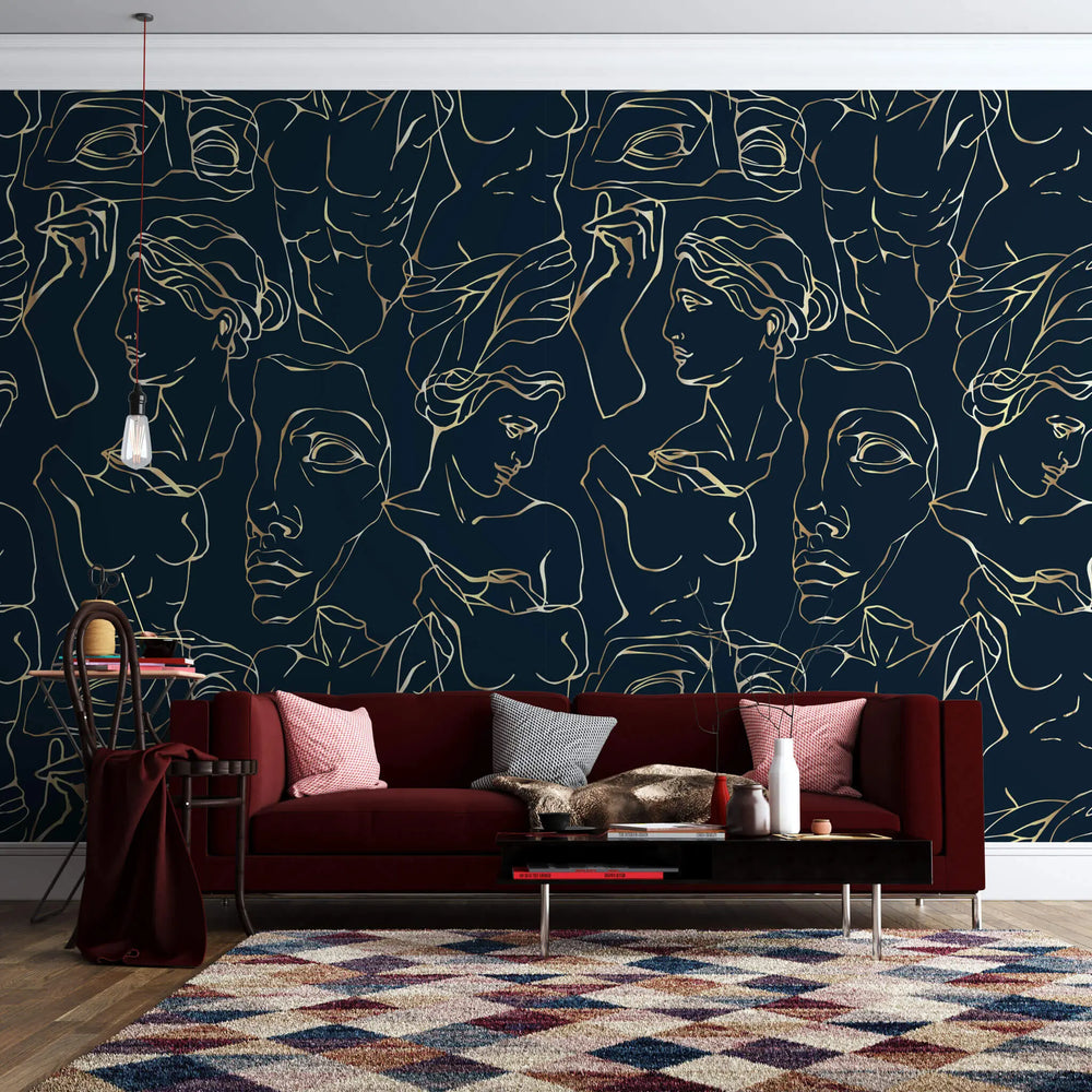Tapet personalizat line art cu statui grecesti aurii pe fundal bleumarin golden greek sculpture