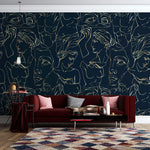 Tapet personalizat line art cu statui grecesti aurii pe fundal bleumarin golden greek sculpture