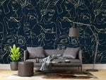 Tapet personalizat line art cu statui grecesti aurii pe fundal bleumarin golden greek sculpture