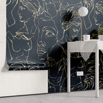Tapet personalizat line art cu statui grecesti aurii pe fundal bleumarin golden greek sculpture