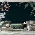 Tapet personalizat line art cu frunze colorate pe un fundal inchis dark leaves