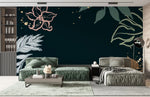 Tapet personalizat line art cu frunze colorate pe un fundal inchis dark leaves