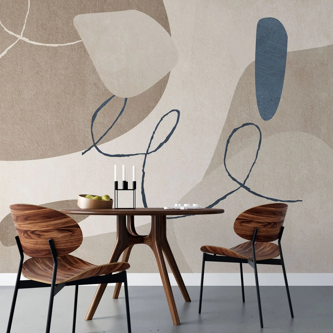 Tapet personalizat line art cu elemente in nuante de bej albastru si alb simple aesthetic