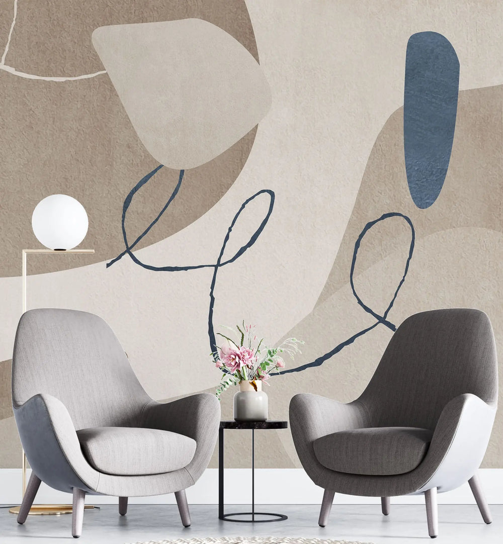 Tapet personalizat line art cu elemente in nuante de bej albastru si alb simple aesthetic