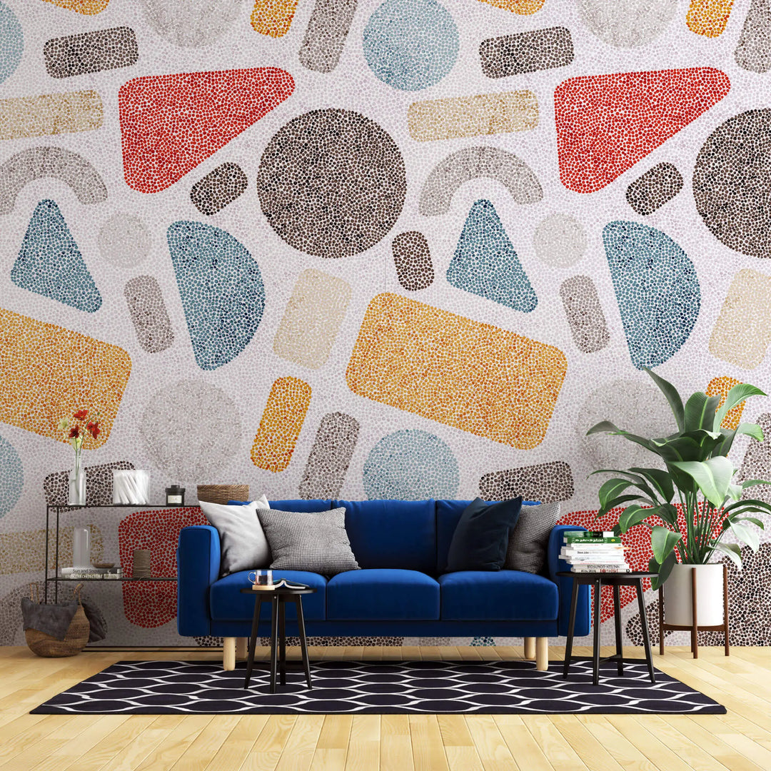 Tapet personalizat modern cu forme geometrice punctate colorate in stil retro retro dots