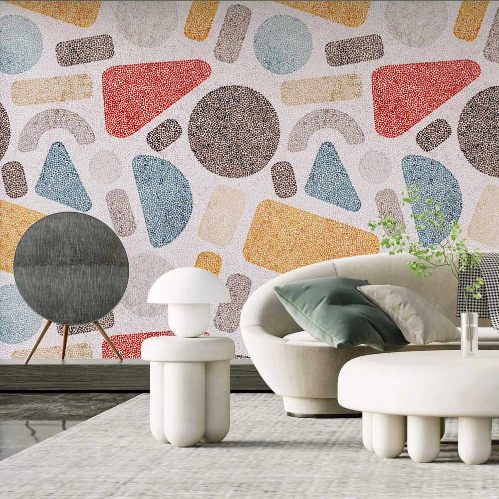 Tapet personalizat modern cu forme geometrice punctate colorate in stil retro retro dots