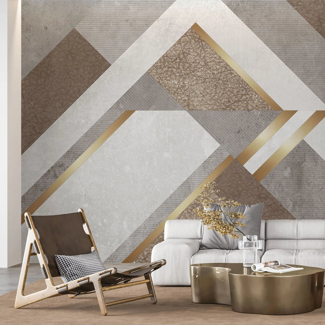 Tapet personalizat modern cu forme asimetrice moderne in nuante maro cu detalii aurii asimetric leather