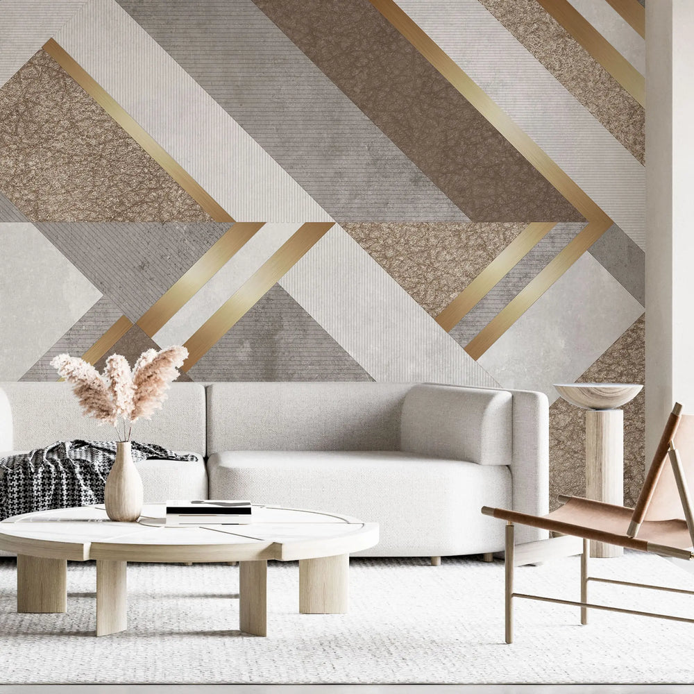 Tapet personalizat modern cu forme asimetrice moderne in nuante maro cu detalii aurii asimetric leather