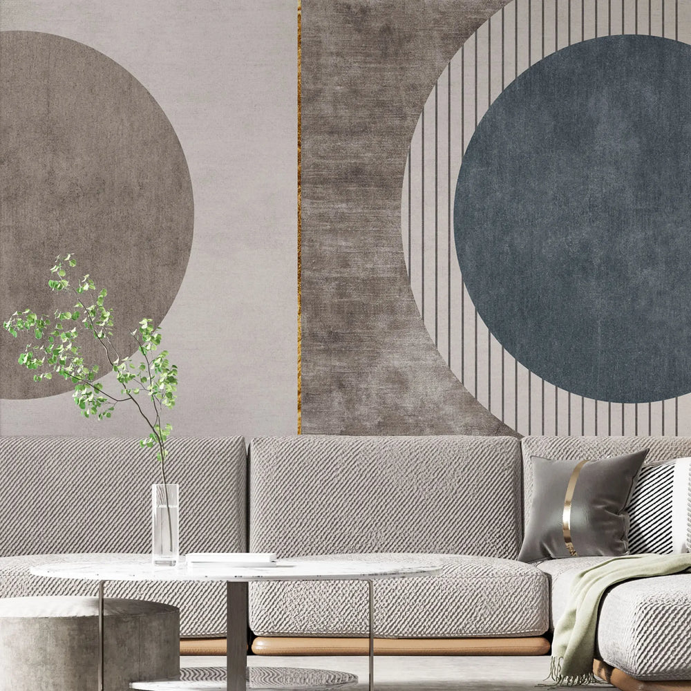 Tapet personalizat modern cu cercuri simetrice in nuante de bej si albastru intr un design unic twin circles
