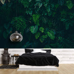Tapet personalizat forest cu frunze verzi intr un fundal intunecat tropical dark