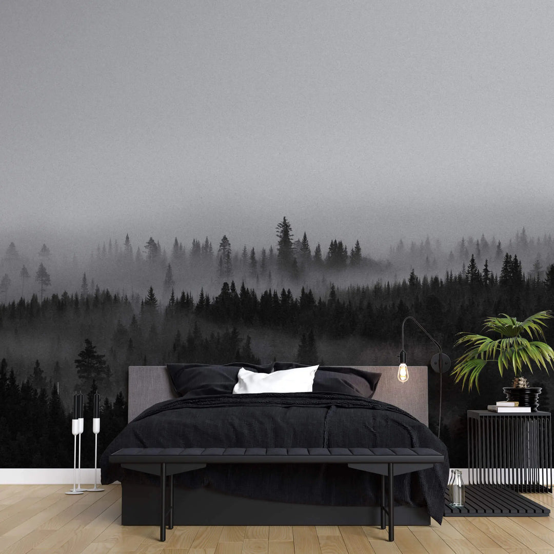 Tapet personalizat forest alb negru cu padure de conifere aflata in ceata black 'n white fog