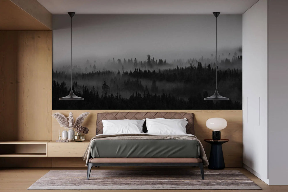 Tapet personalizat forest alb negru cu padure de conifere aflata in ceata black 'n white fog