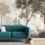 Tapet personalizat forest cu reni si caprioare in padure in nuante sepia reindeer forest