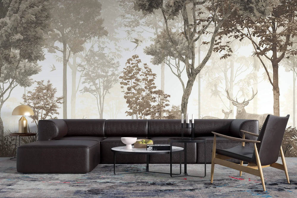 Tapet personalizat forest cu reni si caprioare in padure in nuante sepia reindeer forest