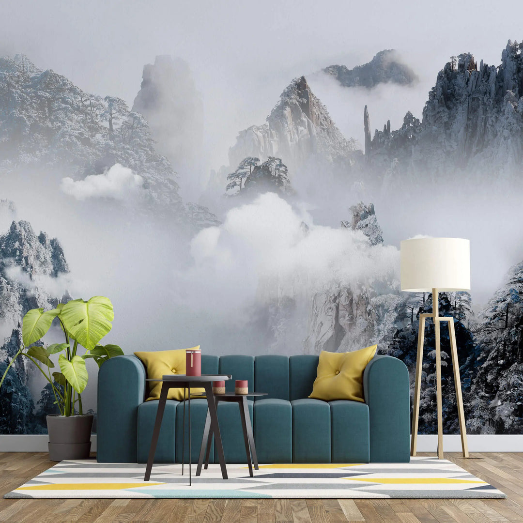 Tapet personalizat forest cu munti inzapeziti aflati in ceata foggy mountains