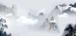 Tapet personalizat forest cu munti inzapeziti aflati in ceata foggy mountains