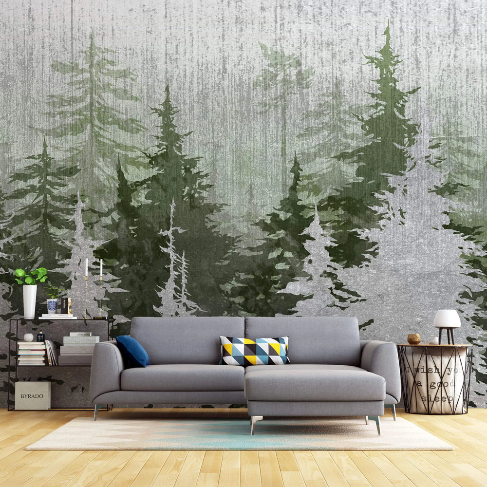 Tapet personalizat forest cu brazi verzi si argintii silver green pine