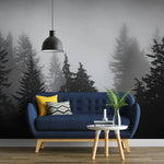 Tapet personalizat forest alb negru cu padure de brazi in ceata spooky forest