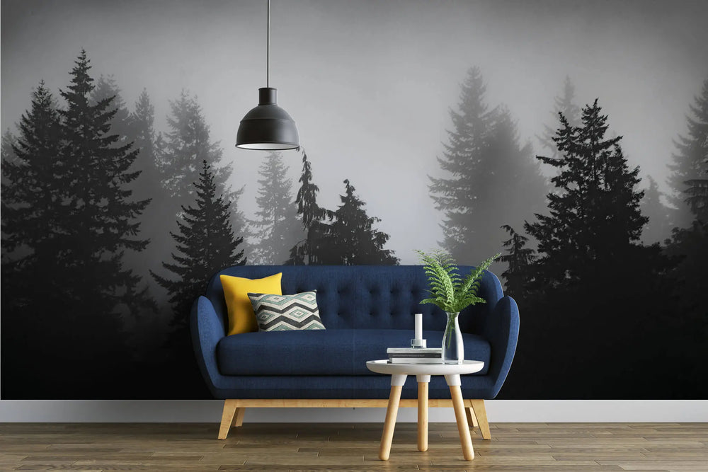 Tapet personalizat forest alb negru cu padure de brazi in ceata spooky forest