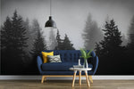 Tapet personalizat forest alb negru cu padure de brazi in ceata spooky forest