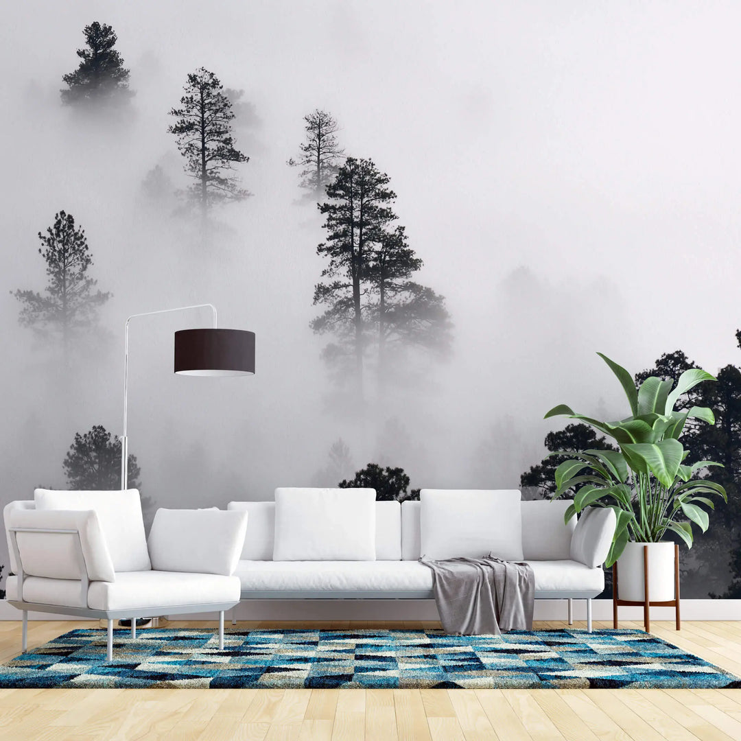 Tapet personalizat forest cu ceata densa alba white fog