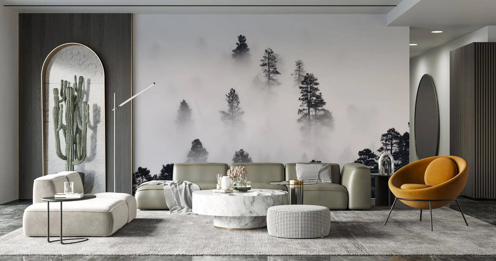 Tapet personalizat forest cu ceata densa alba white fog