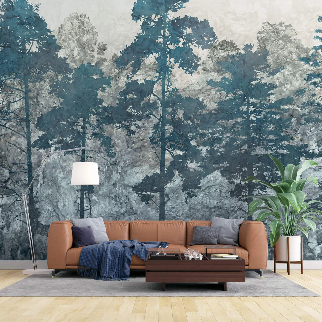 Tapet personalizat forest cu copaci in tonuri de albastru blue forest