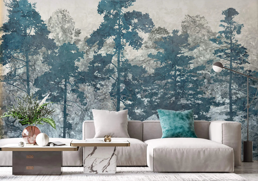 Tapet personalizat forest cu copaci in tonuri de albastru blue forest