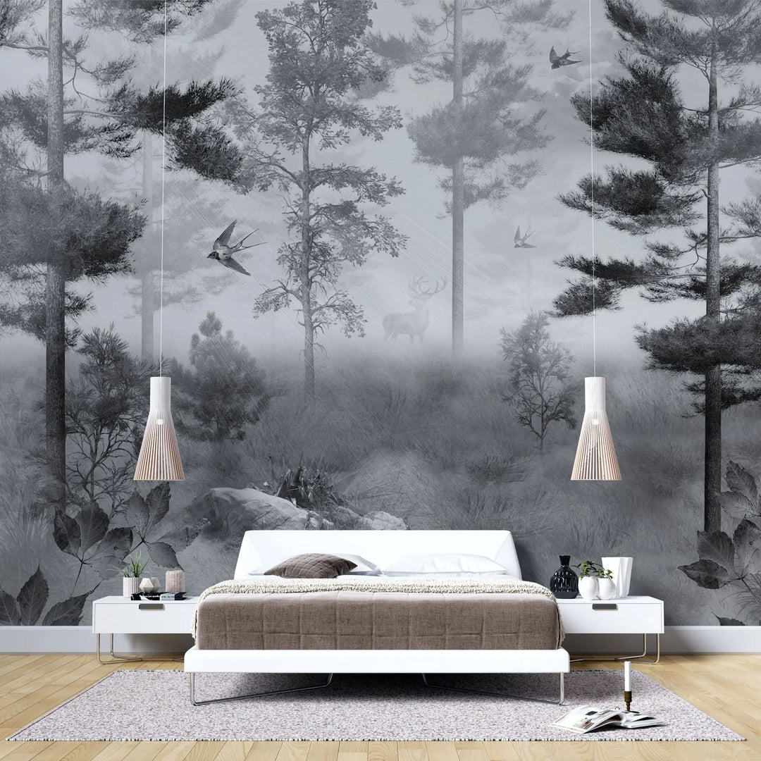 Tapet personalizat forest cu padure in ceata si randunici spooky swallow