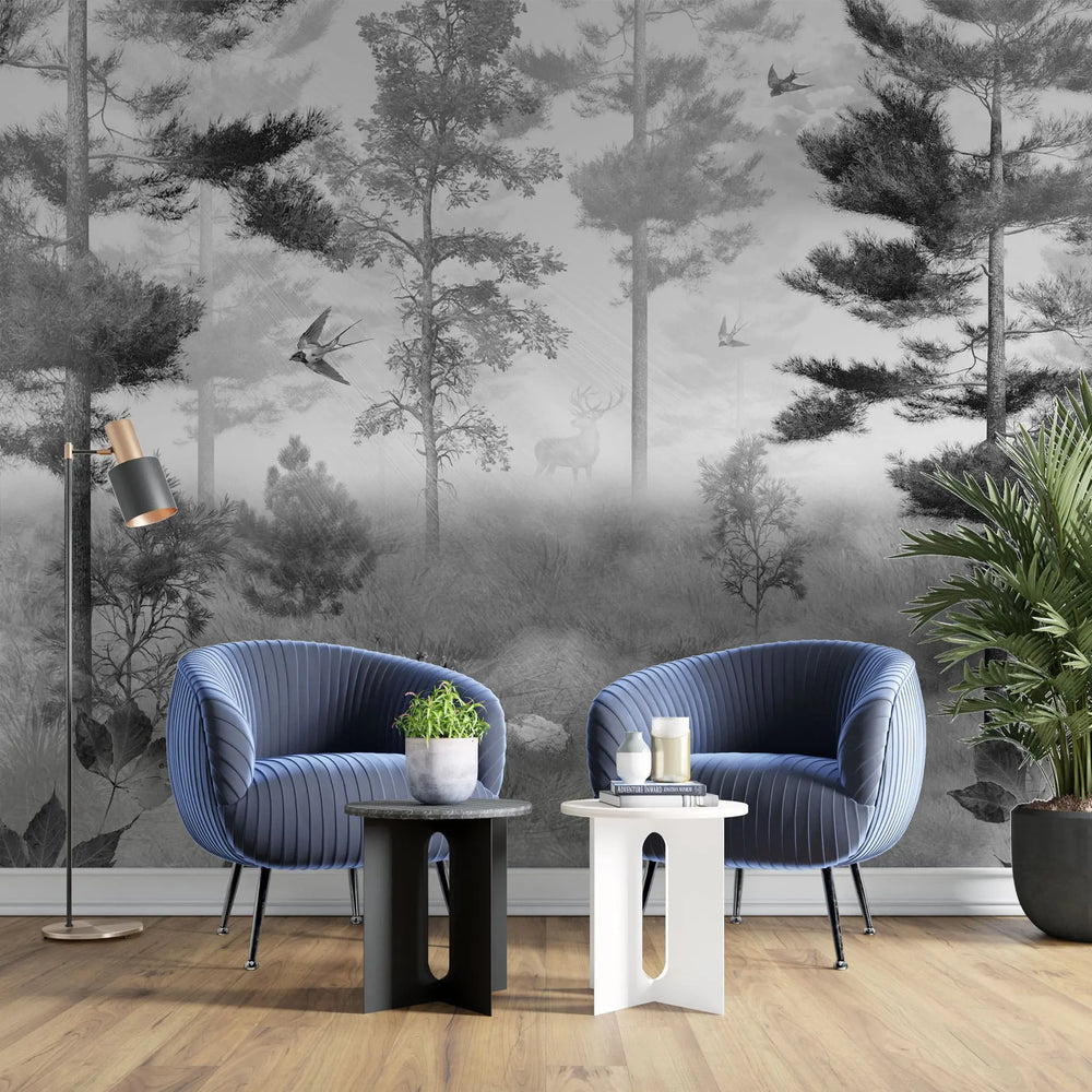 Tapet personalizat forest cu padure in ceata si randunici spooky swallow