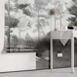 Tapet personalizat forest cu padure in ceata si randunici spooky swallow