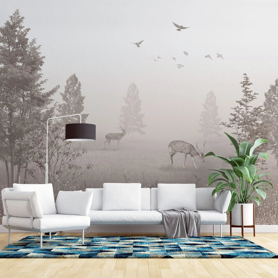 Tapet personalizat forest cu padure in ceata si cerbi dusted deer