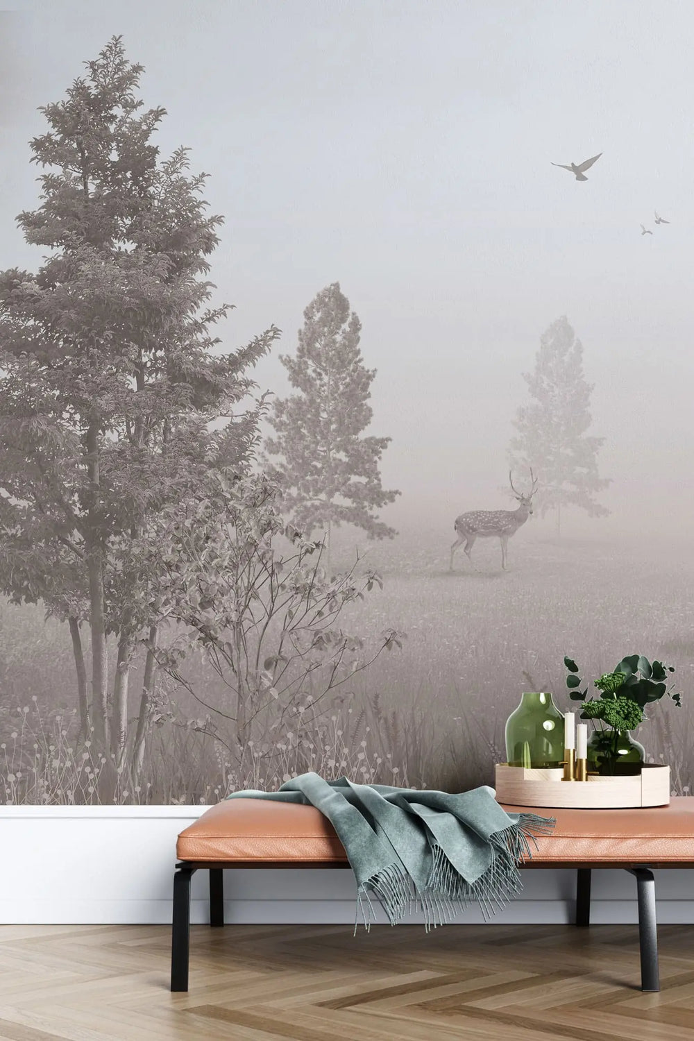 Tapet personalizat forest cu padure in ceata si cerbi dusted deer