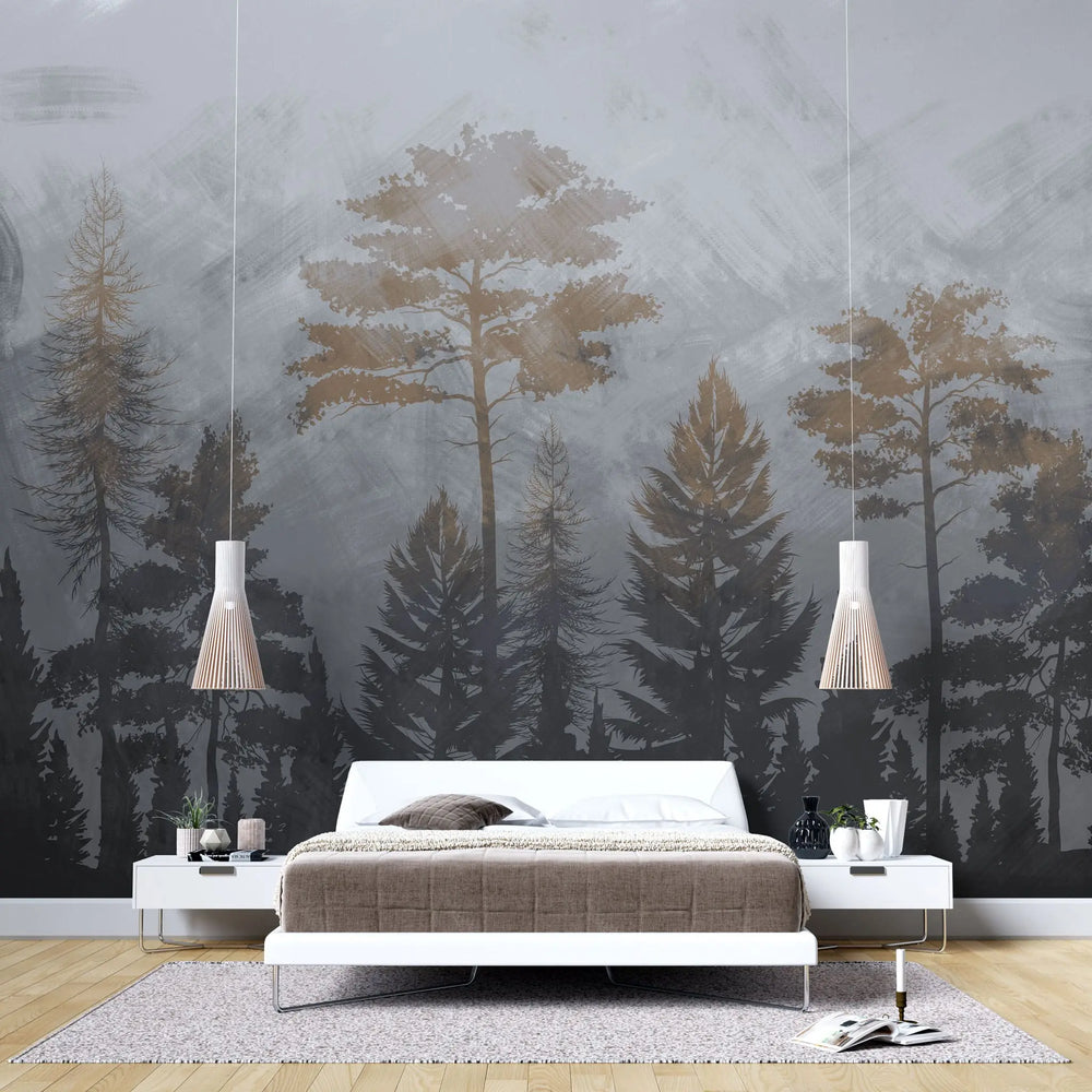 Tapet personalizat forest cu padure si copaci cu frunze de alama brass trees