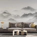 Tapet personalizat forest cu munti si ceata foggy peaks