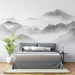 Tapet personalizat forest cu munti si ceata foggy peaks