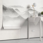 Tapet personalizat forest cu munti si ceata foggy peaks