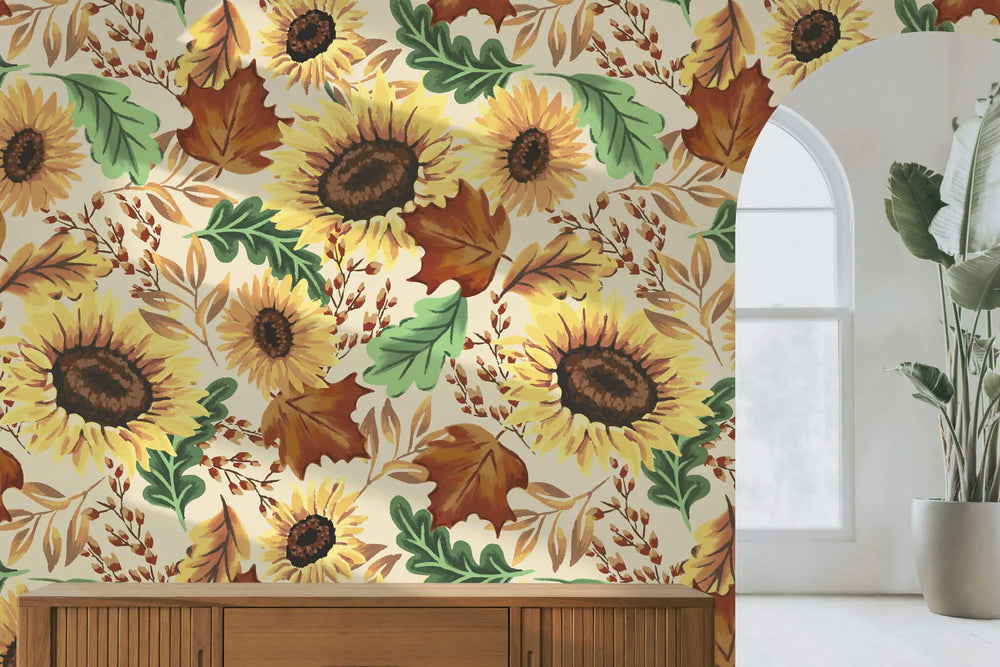 Tapet personalizat floral cu frunze de stejar artar si flori de floarea soarelui in peisaj tomnatic autumn sunflower