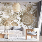 Tapet personalizat floral cu flori in nuante de bronz cupru si pasari pe un fundal alb bronze flowers
