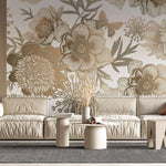 Tapet personalizat floral cu flori in nuante de bronz cupru si pasari pe un fundal alb bronze flowers